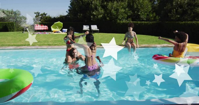 Animation of stars ove diverse friends in swimming pool