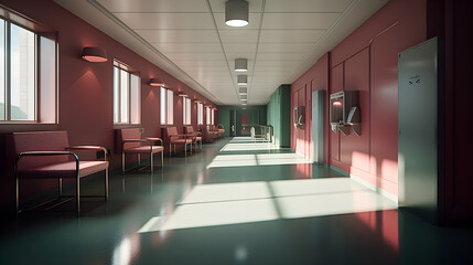Geometric shapes and a lively color scheme adorn the spacious hospital corridor, providing visitors with seating at a counter for added realism.