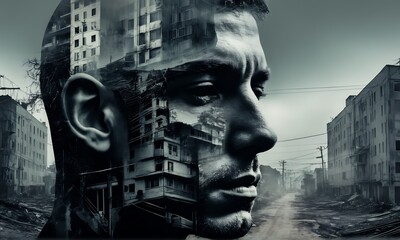 Fototapeta na wymiar abstract double exposure portrait blended with architecture, tv background, light head, mind concept