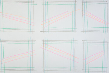 set of boxes composed of color pencil marks (with patterned lines) on tracing paper