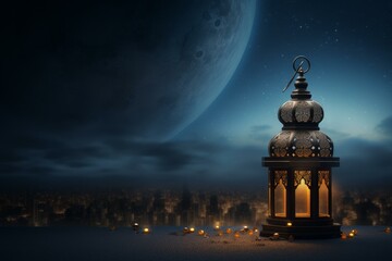 Fototapeta premium Ramadan day mockup background. Card light. Generate Ai