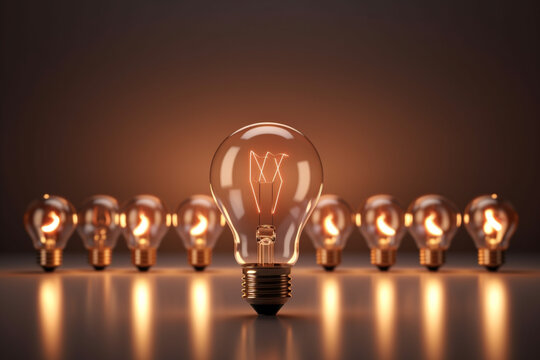 A row of glowing light bulbs on a dark background. idea concept with light bulbs