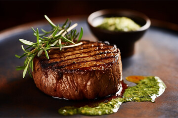 Grilled steak seasoned with spices on a wooden plate