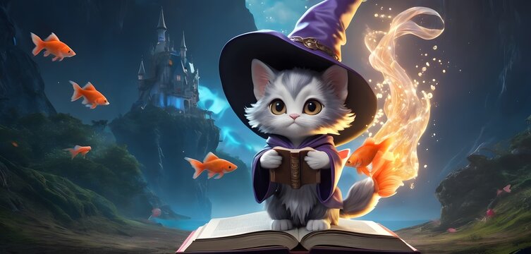 In an otherworldly valley, a kitten clad in a wizard's robe stands on an ancient book, invoking magic that swirls around it with golden fish gliding through the air. This magical image evokes a sense