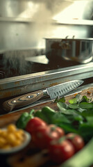 Kitchen Counter With Cutting Board and Knife