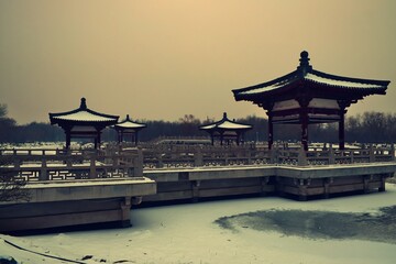 chinese  pavilion over lake