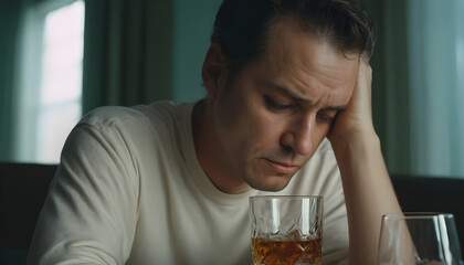sad man with glass of alcohol	
