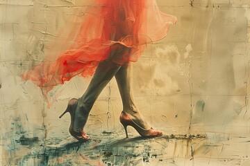 Bold strokes of acrylic paint bring to life the elegance and power of a woman's legs adorned in high heels and a vibrant red dress in this striking painting - obrazy, fototapety, plakaty
