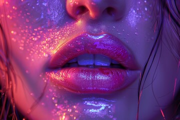 Vibrant magenta lips glisten with wet lipstick, framing a closeup of a woman's face, highlighted by fluttering violet eyelashes and a soft pink hue, exuding a bold and alluring confidence through her