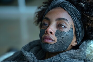 A woman shields her delicate skin from the harsh winter air, donning a facial mask as she gazes confidently at the camera with perfectly groomed eyebrows and stylishly tousled hair