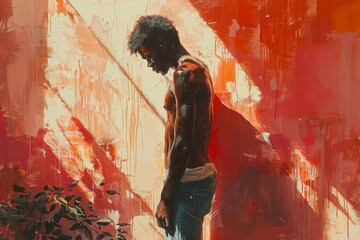 Obraz premium A man stands confidently before a bold red wall, adorned in splatters of paint, embodying the essence of artistic expression and fashion