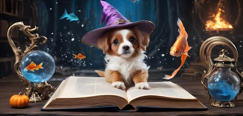 A canine conjurer poses with a wizard's hat in a magical study, floating fish and potion bottles adding to the mystical atmosphere. This image beautifully captures the essence of a fairy tale with a