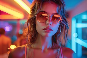 A stylish woman confidently flaunts her cool demeanor in a pair of sleek sunglasses, showcasing her bold lip color and accessorizing with chic eyewear