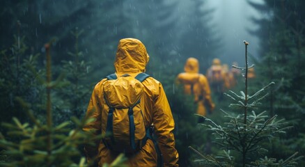 Fototapeta premium A sunny day in the forest, a group of hikers clad in bright yellow raincoats stroll through the lush greenery, surrounded by towering trees and vibrant plants
