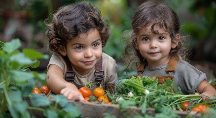 A pair of young siblings, adorned in simple clothing, joyfully harvest vibrant vegetables from their lush garden, embracing the beauty and nourishment of natural, local, whole foods in their vegan li - obrazy, fototapety, plakaty