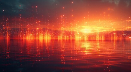 Amber lights dance upon the water's surface, mirroring the fiery sunset above as the night sky falls upon the tranquil lake - obrazy, fototapety, plakaty