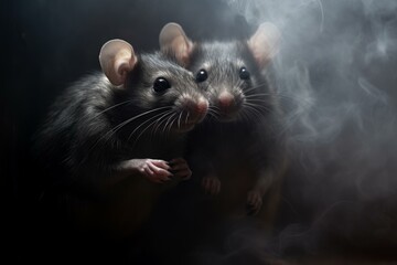 Rats in dark room fog. Animal mouse. Generate Ai