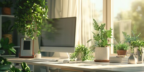 Minimalist desk setup in a sunlit office with green plants enhancing productivity