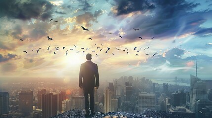 Businessman overlooking city with birds in sky