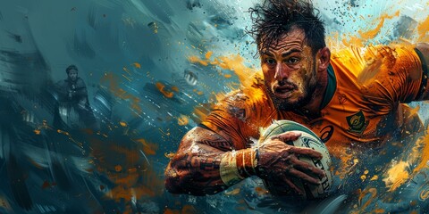 A rugged man with a determined expression holds a rugby ball, captured in a captivating painting that exudes the raw passion and skill of a true athlete - obrazy, fototapety, plakaty