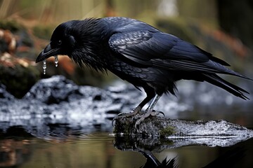 Fototapeta premium Raven bird water bath. Street bird animal. Generate Ai