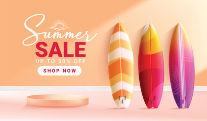 Summer sale text surfboard vector banner design. Summer sale podium stage with colorful surfboard elements for product presentation promotion. Vector illustration summer sale seasonal promo.