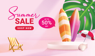 Summer sale text vector banner design. Summer podium stage with surfboard beach elements for holiday shopping seasonal promotion background. Vector illustration summer product presentation.
