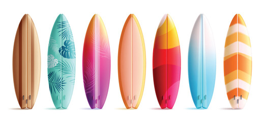 Summer surfboard elements vector set design. Summer surfboard 3d realistic element colorful collection for water sport activity isolated in white background. Vector illustration summer beach surfing 