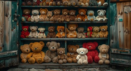 A charming assortment of cuddly plush animals, including a large teddy bear, sitting on a wooden shelf in an indoor store, beckoning to be taken home for sale