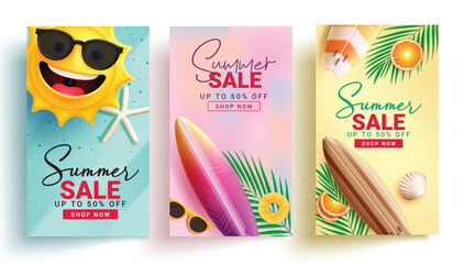 Summer sale text vector poster set. Summer sale discount price 50% off with happy sun, surfboard and palm leaf decoration elements for holiday shopping lay out collection. Vector illustration summer 