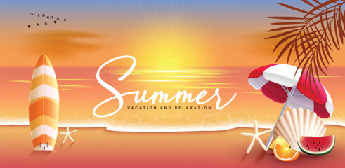 Summer beach sunset vector banner. Summer text in sunset seascape background with surfboard, umbrella and shell elements for travel season. Vector illustration summer beach background. 
