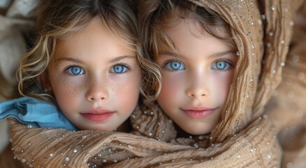 A pair of young girls with striking blue eyes and headscarves exude innocence and beauty in this captivating portrait - obrazy, fototapety, plakaty