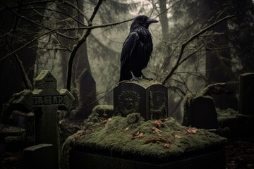 Raven bird graveyard. Crow ghost. Generate Ai