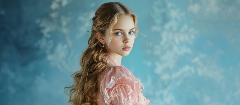 Portrait of a beautiful young girl with long flowing hair and captivating blue eyes