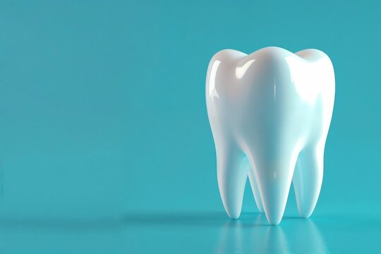 A solitary pristine white tooth stands against a soft blue background, symbolizing dental health and hygiene.