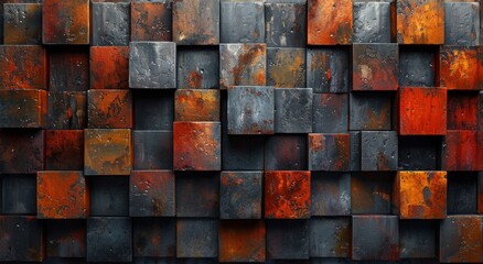 An abstract symmetrical wall of colorful squares, made from rusted brick and wood, adds a touch of rustic charm to the outdoor building