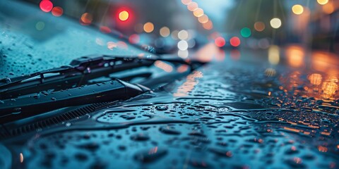 Raindrops on car with windshield wipers during a nighttime downpour, city lights blurred in background. - obrazy, fototapety, plakaty