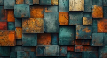 A vibrant and mesmerizing display of abstract art, featuring a symmetrical pattern of colorful blocks against a rusty wall