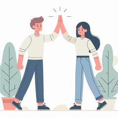 flat design illustration concept of a young couple showing approval with hand high five