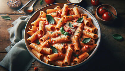 A large bowl of rigatoni pasta, drenched in a smooth and creamy vodka sauce - obrazy, fototapety, plakaty