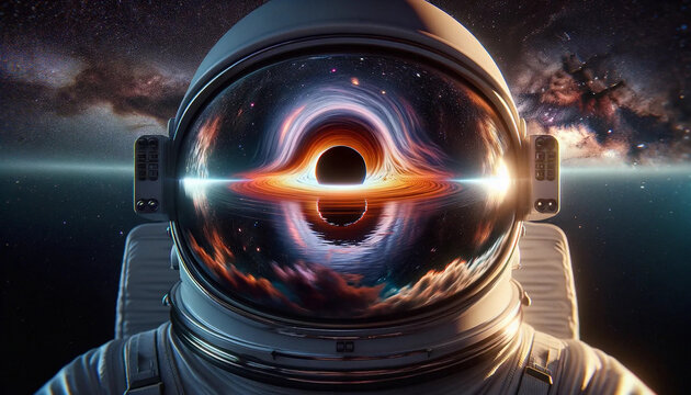 The reflection of a majestic black hole event horizon space travel in the visor of an astronaut's helmet