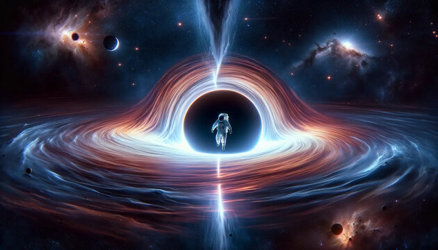 An astronaut emerging from a black hole in deep space
