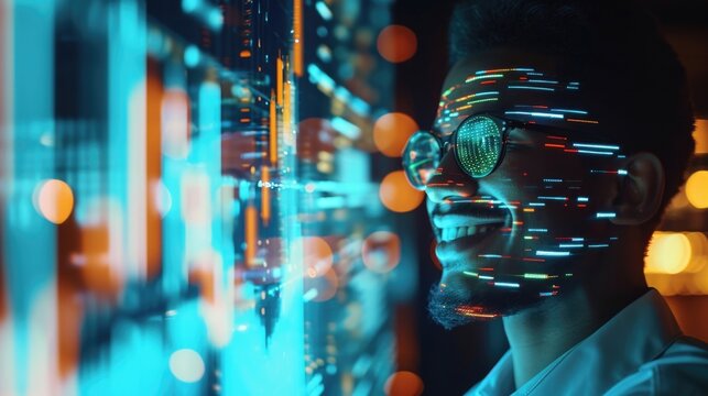 A hologram image of a smiling wealth advisor projecting a virtual graph displaying a clients personalized investment portfolio.