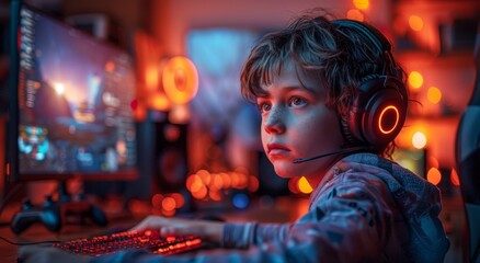 A focused young man immersed in the digital world, his face hidden behind headphones and illuminated by the glow of a computer screen