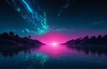 Futuristic night landscape with abstract landscape and island, moonlight, shine. Dark natural scene with reflection of light in the water, neon blue light. Dark neon background. 