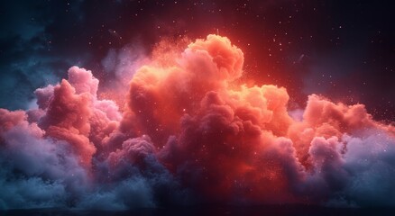 A mystical cloud of red and white smoke drifts through the vast expanse of the universe, blending...