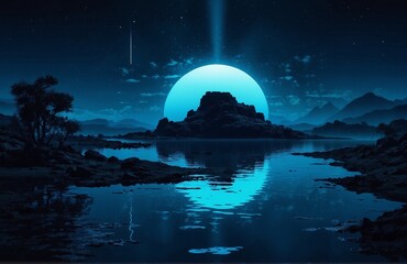 Futuristic night landscape with abstract landscape and island, moonlight, shine. Dark natural scene with reflection of light in the water, neon blue light. Dark neon background. 