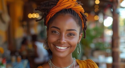 A vibrant woman wearing orange clothing and a fashion accessory, exudes joy and confidence as she smiles for the camera in an outdoor portrait