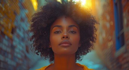 A striking portrait of a woman with a jheri curl hairpiece, her face lit up by the warm sunlight, highlighting her defined ringlets and perfectly arched eyebrows - obrazy, fototapety, plakaty