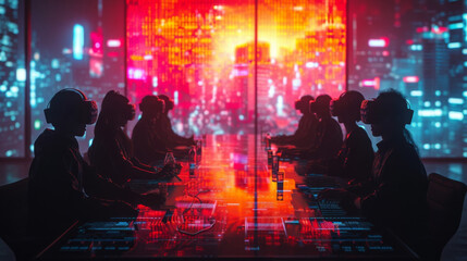 The focus then shifts to a group of people sitting around a table with virtual reality headsets on. In the background a virtual stock market is displayed as these individuals